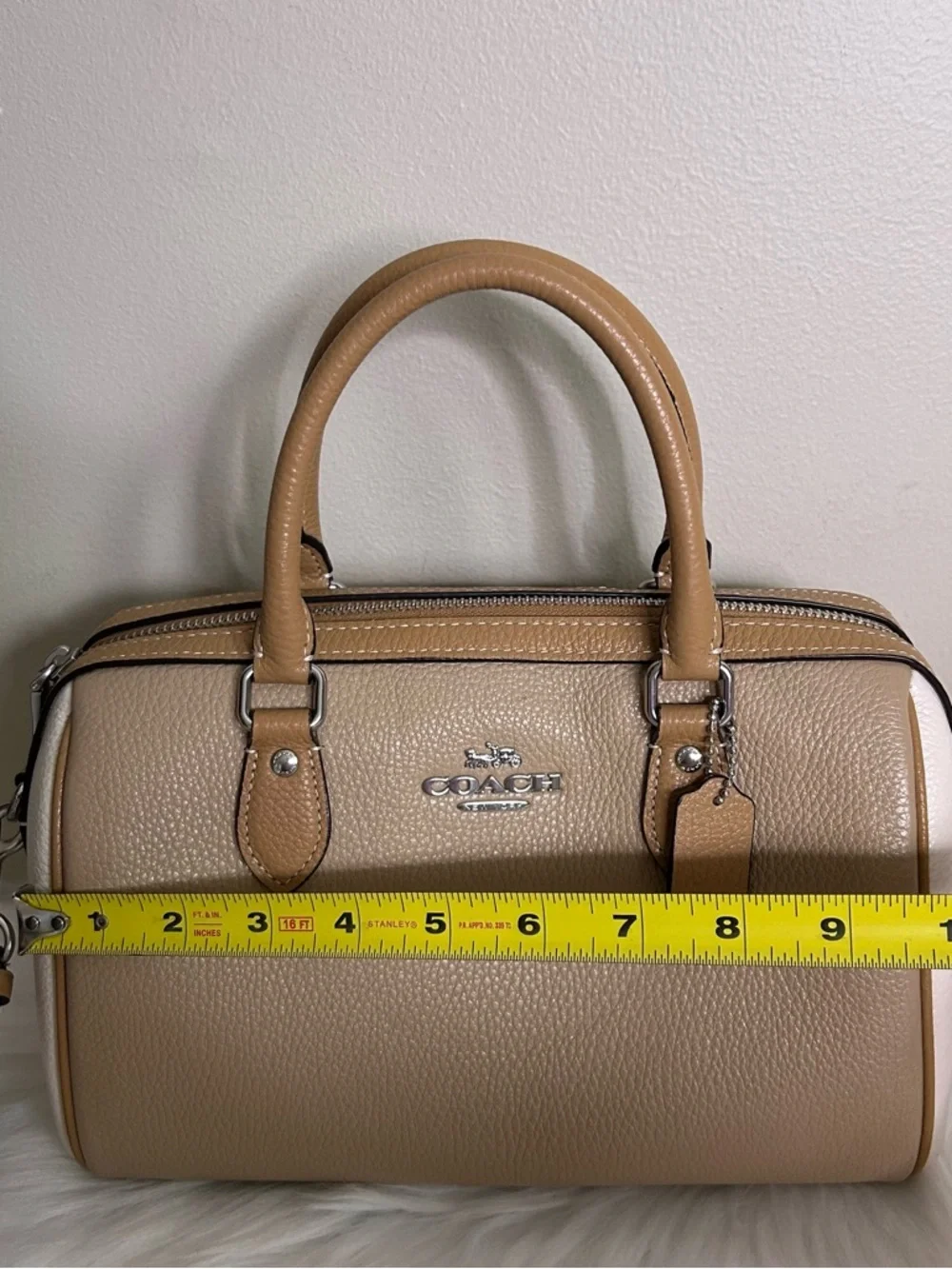 Coach Rowan Satchel Taupe Chalk White Pebbled Leather Bag Excellent - Picture 11 of 13